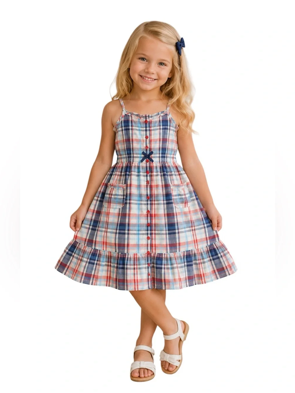 Oshkosh B'Gosh Girls 8 Summer Dress Classic Plaid Pockets Ruffles Bow School